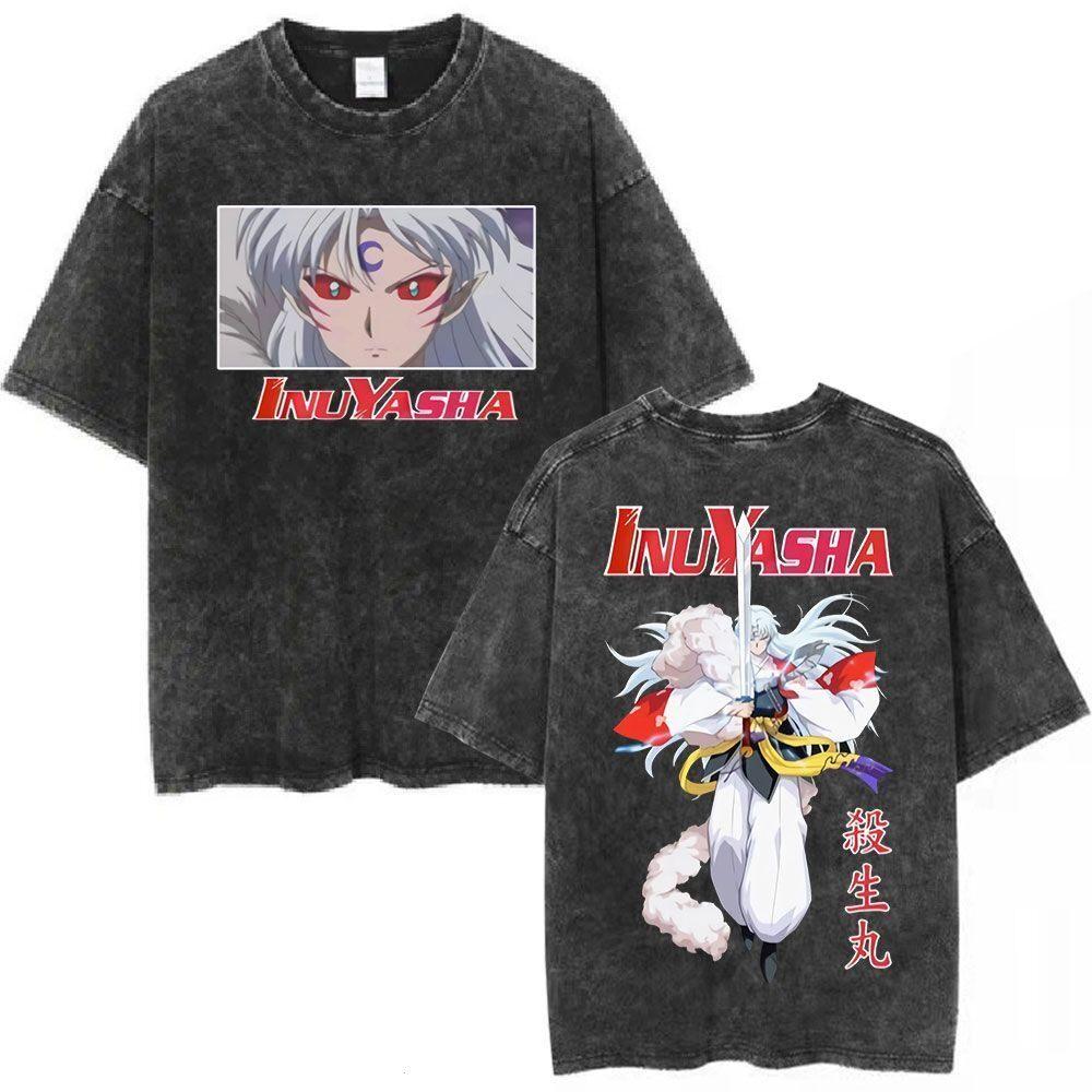 Retro Washed Anime Inuyasha Pattern Tshirts For Unisex And Unisex Shortsleeved Loose Cotton Tops Ins