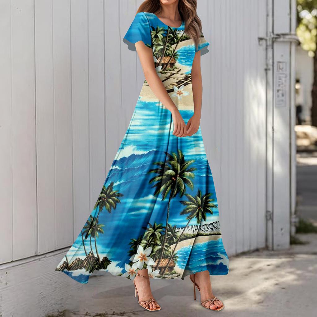 Damenkleid mit Hawaii-Print, lässig, Rundhalsausschnitt, kurzärmelig, hohe Taille