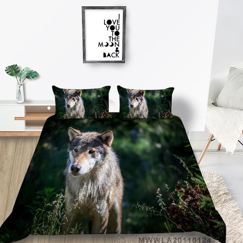 Hot Salg Dynetrekksett 2/3 stk Sengedrakt Wolf Printing Dynetrekksett Grønn soveromsdekorasjon