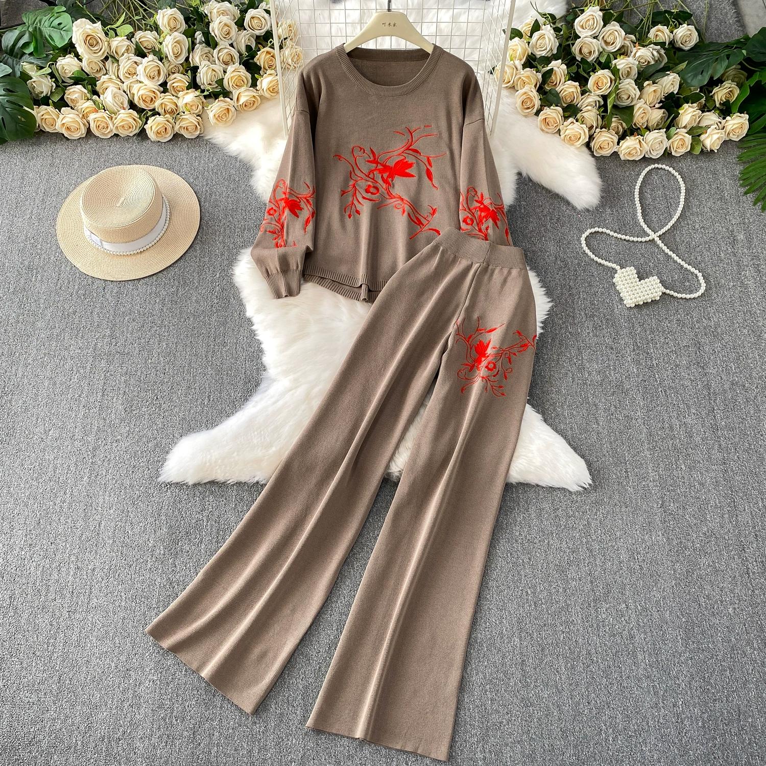 

Осень Зима Женский Роскошный Вышитый Цветочный Вязаный Свитер Винтажный Костюм-двойка Топы-пуловеры с длинным рукавом и Брюки с широкими штанинами One size