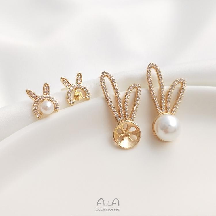 14K Gold-Filled Zircon Rabbit Stud Earrings with 925 Silver Pins and DIY Inlaid Style.
