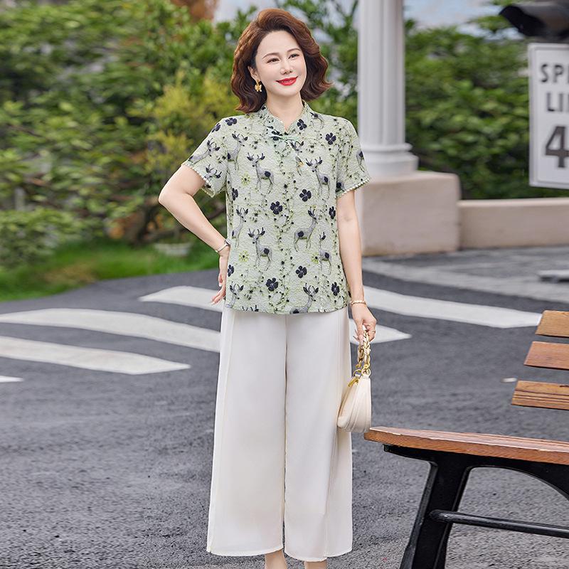 2026 Stylish Summer Two-Piece Set for Middle-Aged Women, Chinese Style Top & Outfit 3XL