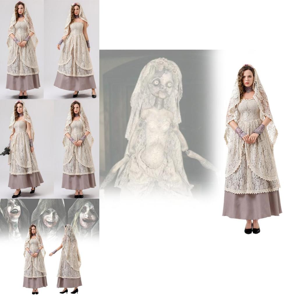 Chic Lace Long Gown With Hood And Accessories For Halloween Female Costume