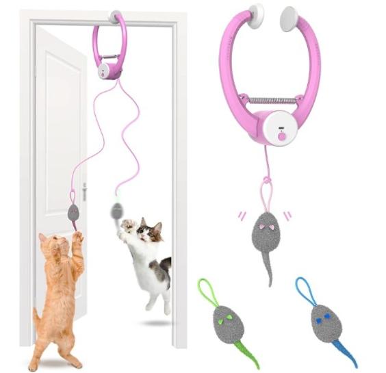 

Интерактивные игрушки для кошек, Умная USB-перезаряжаемая игрушка-дразнилка на дверь, с 3 игрушками-мышками с кошачьей мятой, для скучающей кошки M розовый