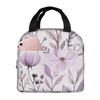 Light Purple Floral Pattern Insulated Lunch Bag for Women Kids Portable Food Boxes Thermal Lunch Box Tote