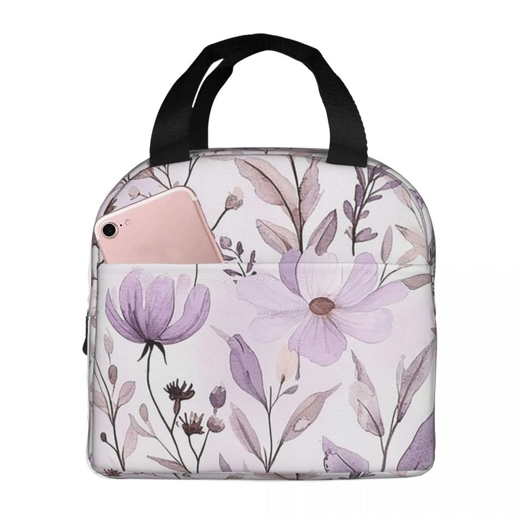 Light Purple Floral Pattern Insulated Lunch Bag for Women Kids Portable Food Boxes Thermal Lunch Box Tote