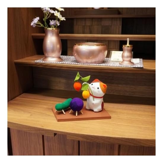 Obon Decoration: Cat Holding a Chinese Lantern, Spirit Horse, and Wooden Base, Rayon Chirimen Fabric