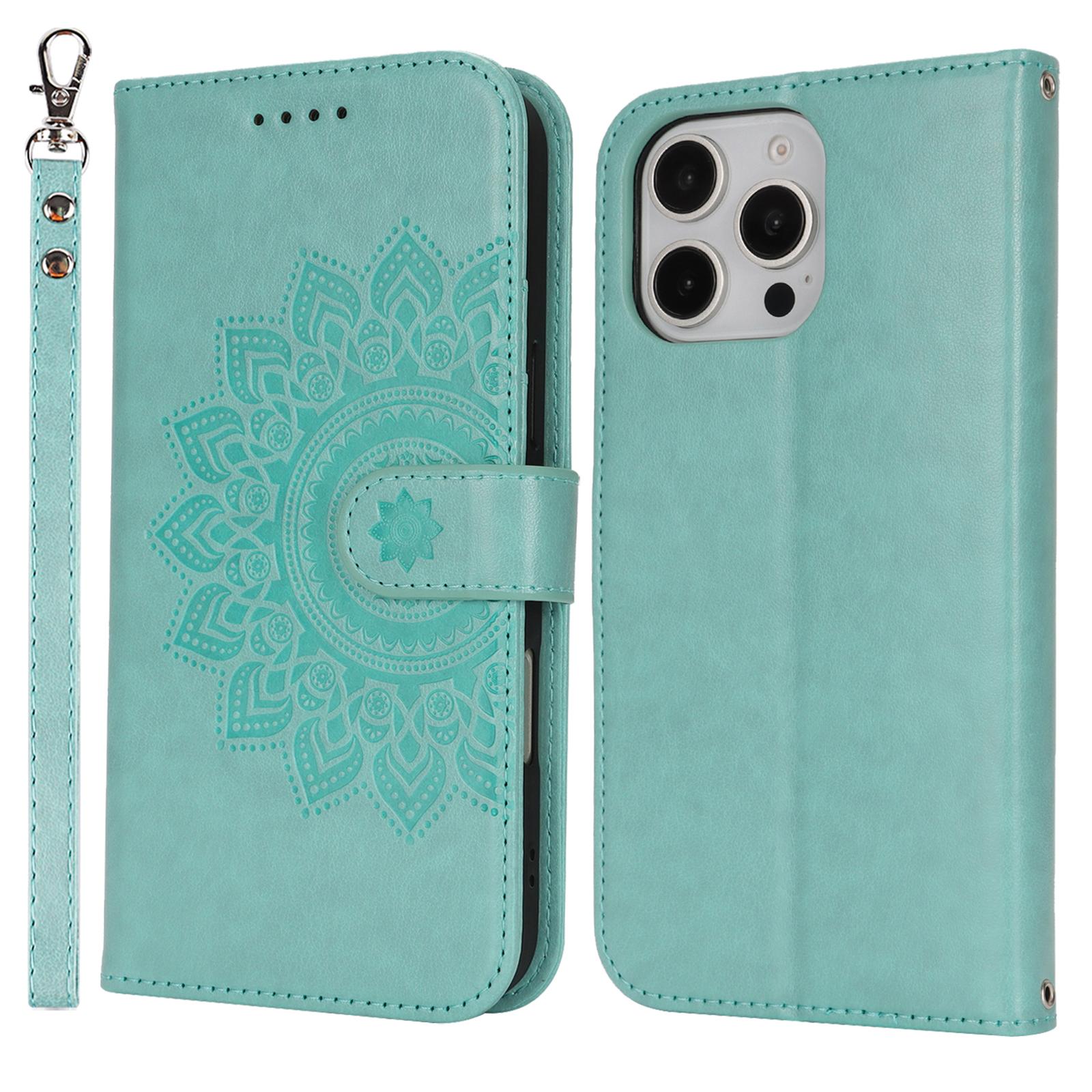 

For iPhone 16 Pro Max Stand Case Textured Leather Wallet Phone Cover with Strap Light Green