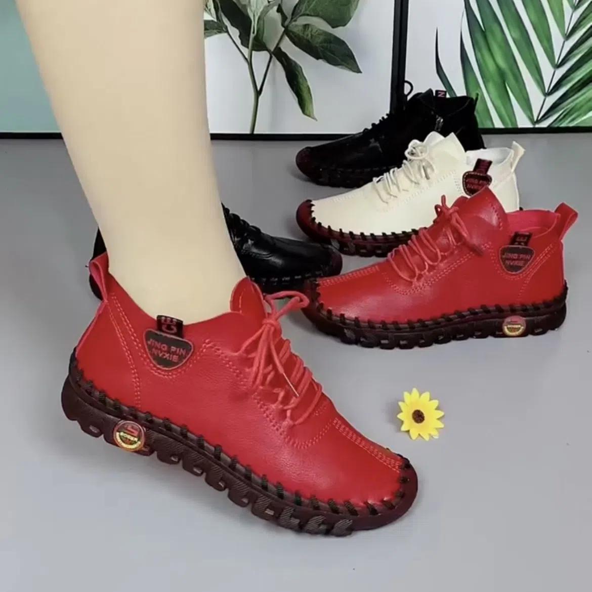 Кожаная женская обувь Новинка 2022 года Женская повседневная обувь на мягкой подошве с говяжьим сухожилием Легкая нескользящая женская обувь 40 красный 1730₽