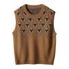 Jililoo Knit Geometric Round Sweater Women's Vest, Print, Neck, Sleeveless, Fall/Winter (Size L, Coffee)