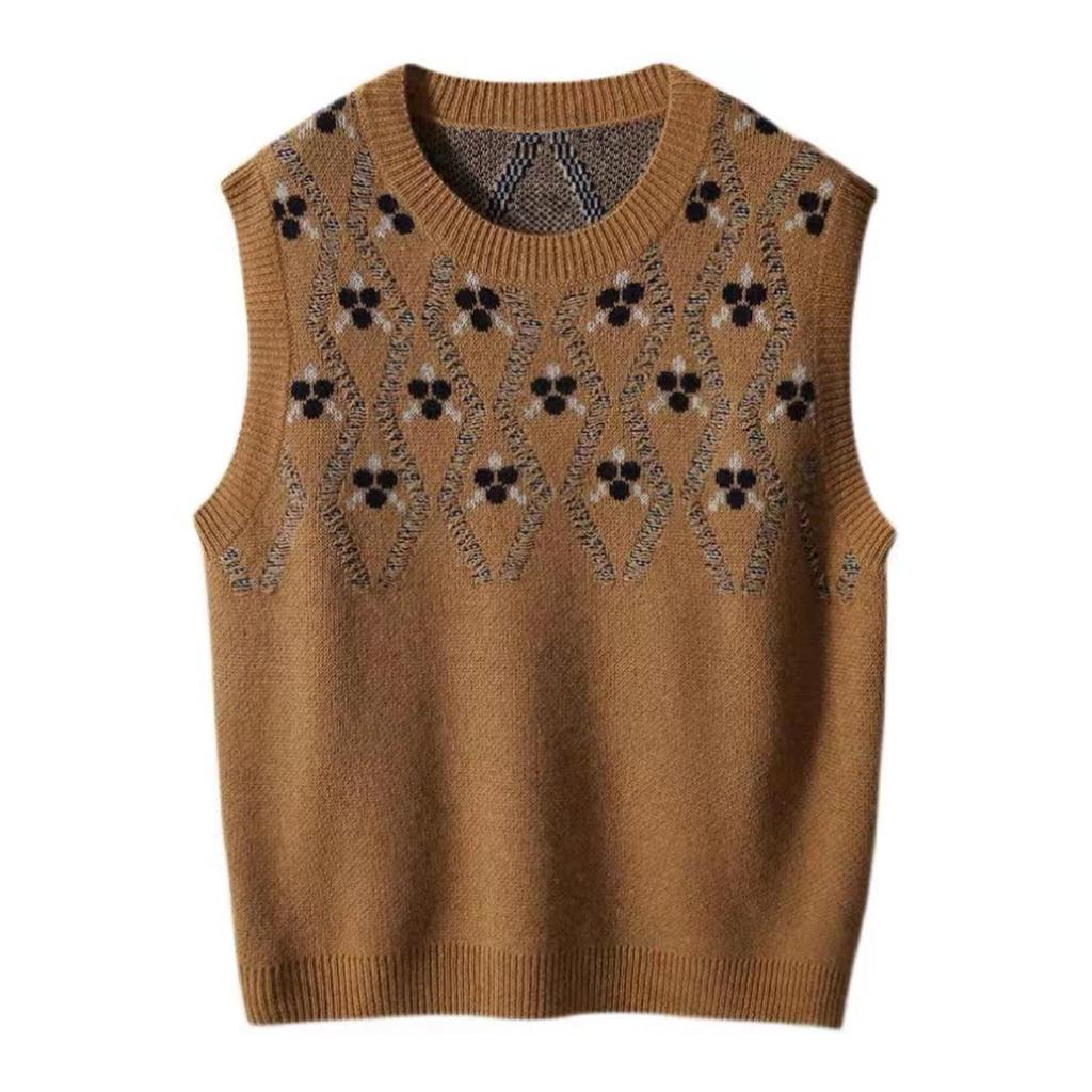 Jililoo Knit Geometric Round Sweater Women's Vest, Print, Neck, Sleeveless, Fall/Winter (Size L, Coffee)