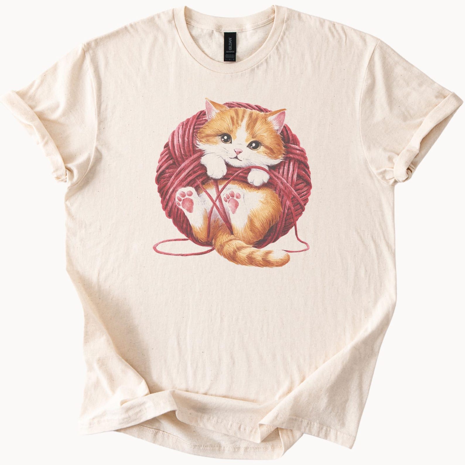 Cute Orange Tabby Cat in Red Yarn Ball Graphic T Shirt Playful Kitten Animal Lover Gift Soft Cotton Cat Mom Cat Dad Tee Shirt 160