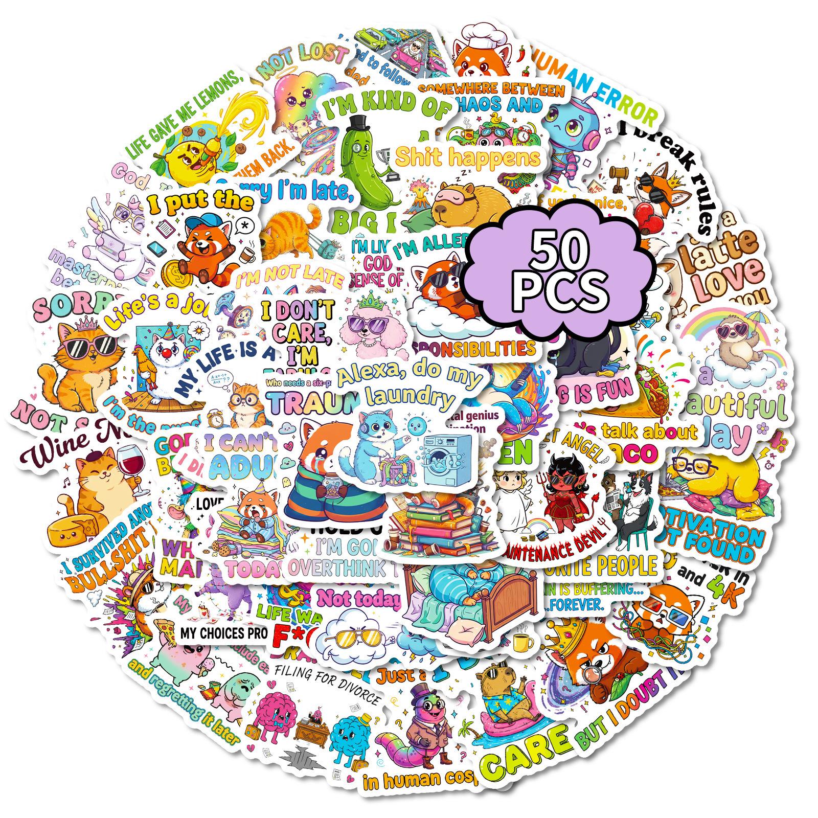 50 Humorous And Funny Text Cartoon Stickers Creative Fun Hand Account Notebook Mobile Phone Decorative Stickers