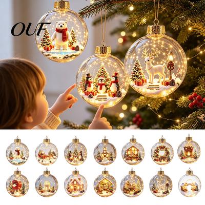 Clear Acrylic Hanging Balls Lighted Christmas Ornaments, 3D Miniature Scene with Warm LED Light, Cute Transparent Tree Globes Reindeer Penguin