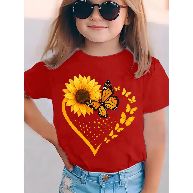 European sizes Summer Fashion Girls' Short-Sleeve T-Shirt "Butterfly, Sunflower" Cartoon Print Casual Versatile Top