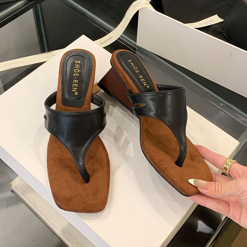 

Fashion Summer Spring Female Wedges Slides Women Slippers Shoes Fashion Square Toe Ladies Wedges Heeled Slippers Shoes Flip flops 37 чорний