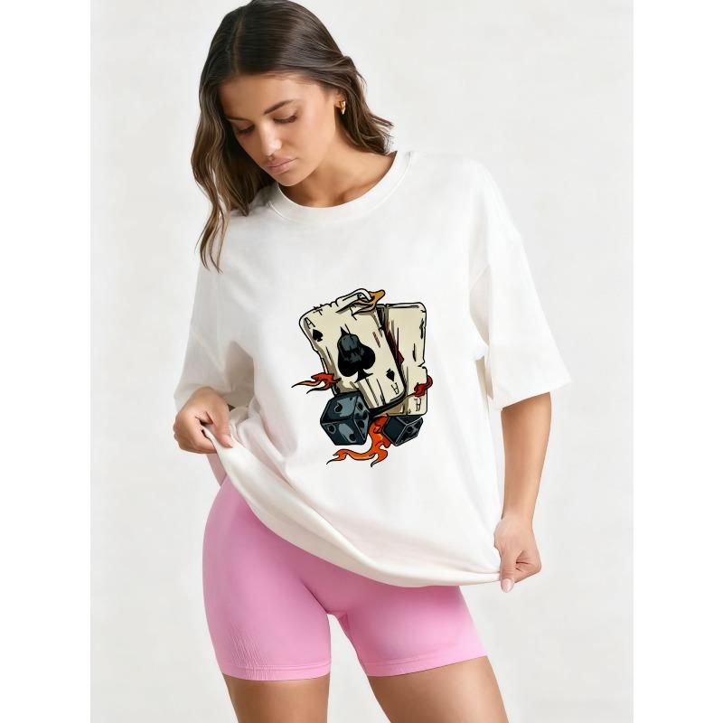 Oversized T-Shirt Black Poker Cards and Dice Flame Print Casual Streetwear Fashion Women's Top