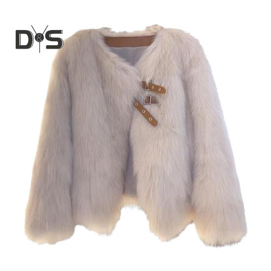

Осень-зима, женский кардиган, пальто, пушистый плюш, пряжка и ремешок, декор, V-образный вырез, длинные рукава, утолщенный однотонный искусственный мех, вязаный свитер, куртка S хаки
