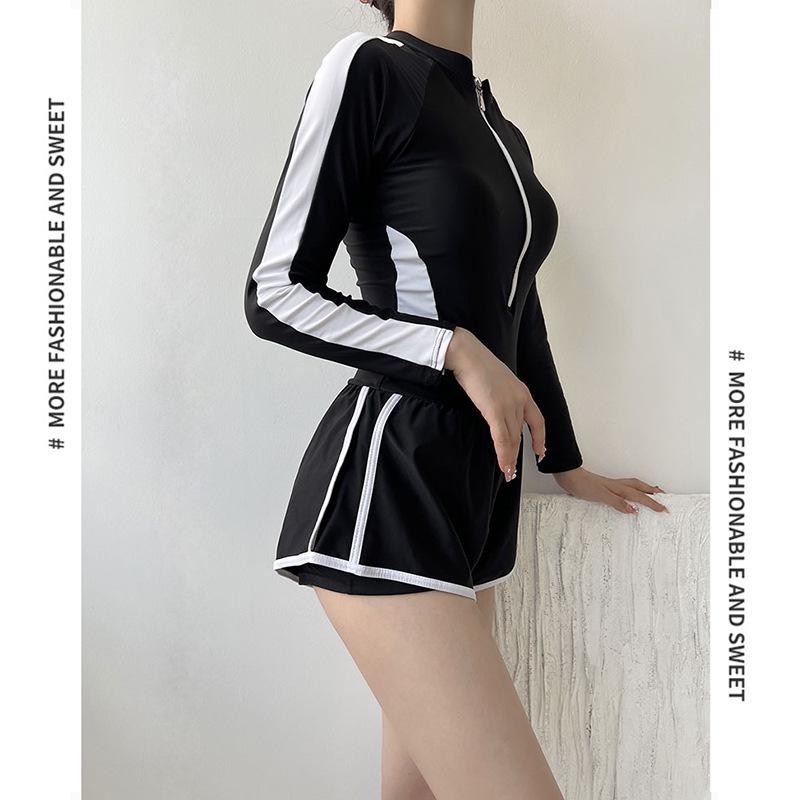 Conservative Long Sleeve Swimwear: Slimming Tummy Control Boyleg One-Piece for Female Students