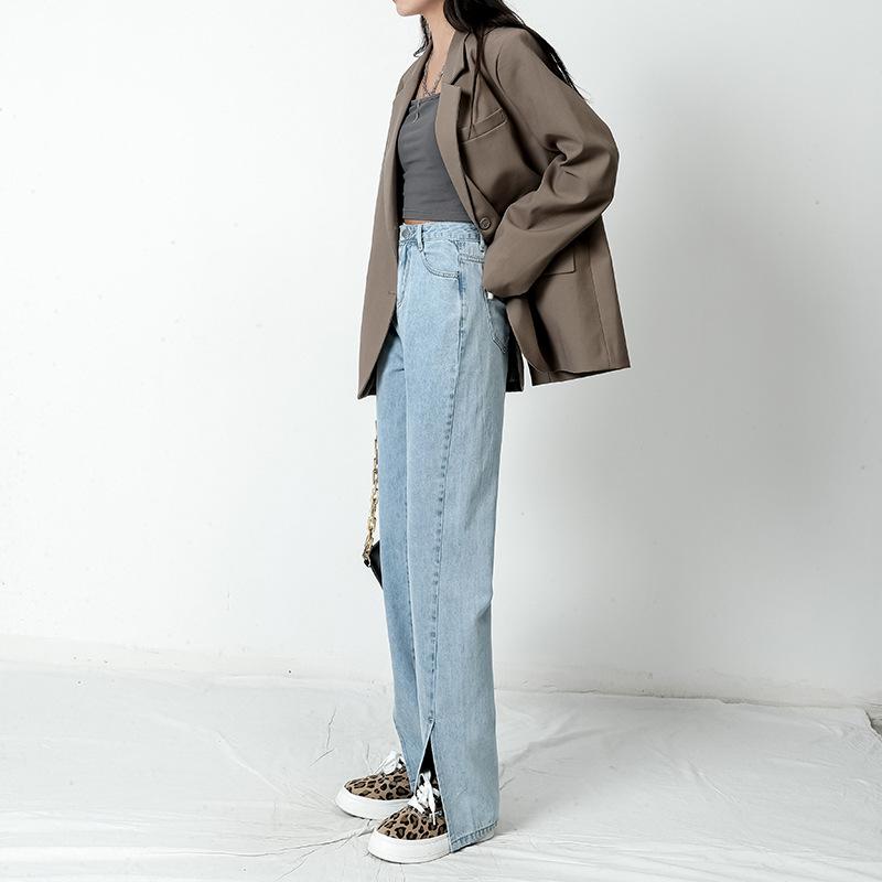 Kore Moda eğlence High Street Bell BottomJeans Kadın Giyim Elastik Denim Pantolon Kadın Yüksek Bel Vintage Bölünmüş Trend Jean