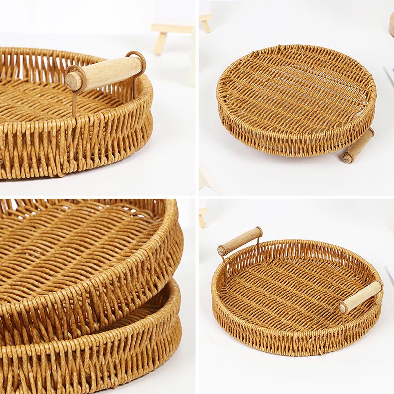1Pc Plastic Tray Sundry Organizer Tray With Wooden Handle Desktop Decoration Storage Tray Jewelry Placement