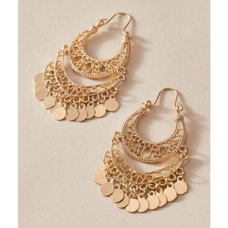 Bohemian  Trendy Gold Sequin Tassel Hoop Drop Earrings Women's Luxury Ethnic Style Party Bridal Gift Accessories