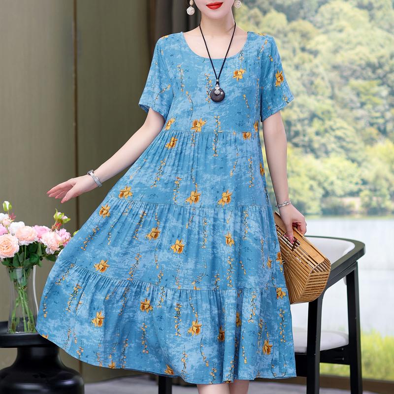 Elegant Women's Summer Sundresses Loose Korean Style Clothes Women New Vintage Print Midi Dress