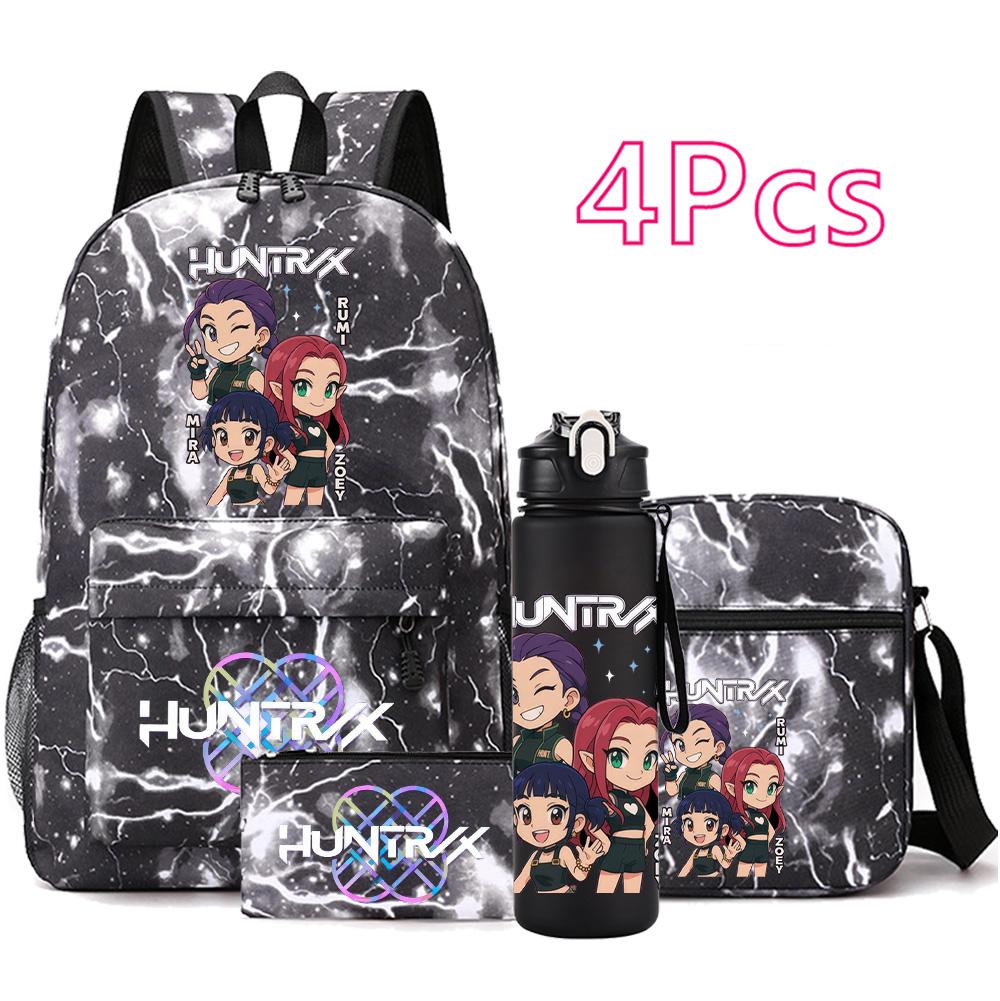 4-teiliges/Set Anime Niedlich K-Pop Bedruckter Rucksack mit 750 ml Wasserflasche für Teenager Schüler Mädchen Junge Schultasche Kindergeschenk Große Kapazität Reisetasche Mochila