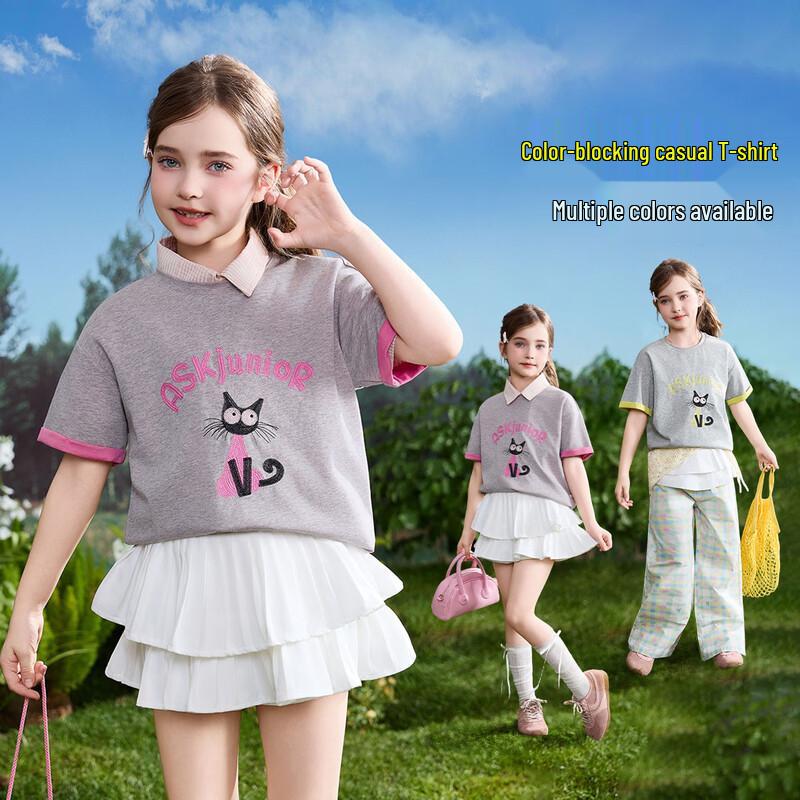 

ASK JUNIOR Girls 2026 Summer Colorblock Printed Short Sleeve T-Shirt 150
