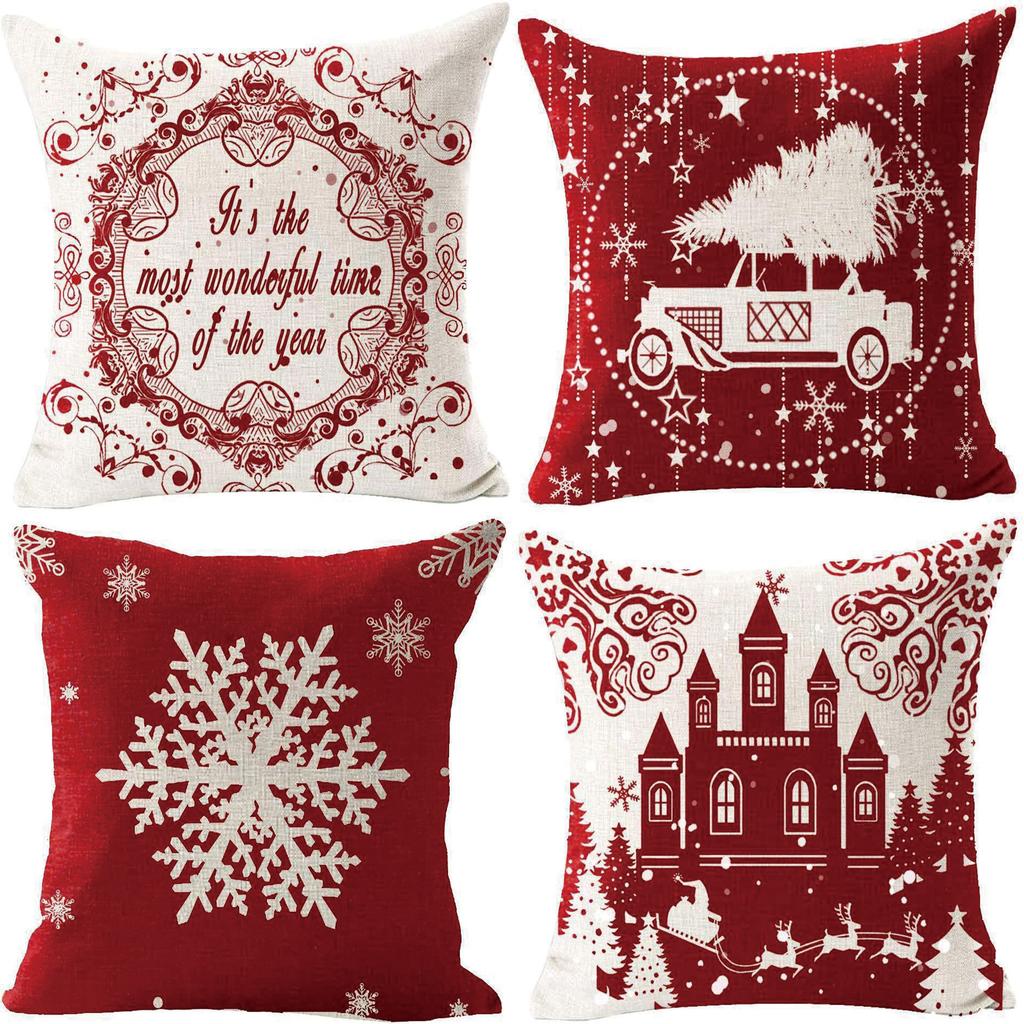 Red Plaid Sofa Linen Christmas Pillow Cover Reindeer Snowflake Home Cushion Cover
