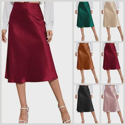 Kadın Yüksek Bel Saten Midi Etek - Düz Renk, Fermuarlı, Zarif Yazlık Elbise (2022)