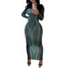 Women Spring Fall Party Dress Slim Fit Striped Print Maxi Dress Skinny Sheath Long Sleeve Elastic Round Neck Soft Thin Ankle Length Lady Dress