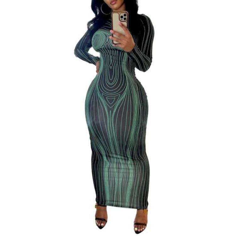 Women Spring Fall Party Dress Slim Fit Striped Print Maxi Dress Skinny Sheath Long Sleeve Elastic Round Neck Soft Thin Ankle Length Lady Dress