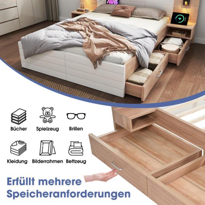 Lit Double 140 X 200cm, 2 Tiroirs, Lampe De Chevet, Avec Fonction De Recharge USB, Y Compris 2 Tables De Chevet (matelas Non Inclus)