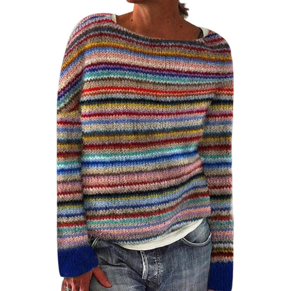 Ladies' Fashion Sweater, Round Neck, Color-block, Loose Pullover Long-sleeved Knitted Shirt Top