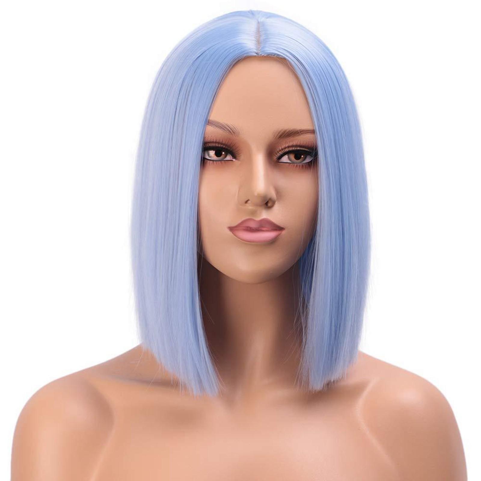 European And Women S Short Hair Wig Light Blue Face Head Middle Parting Wig Short Straight Hair Lanse Ash Hair Extensions (Blue,30cm) синий