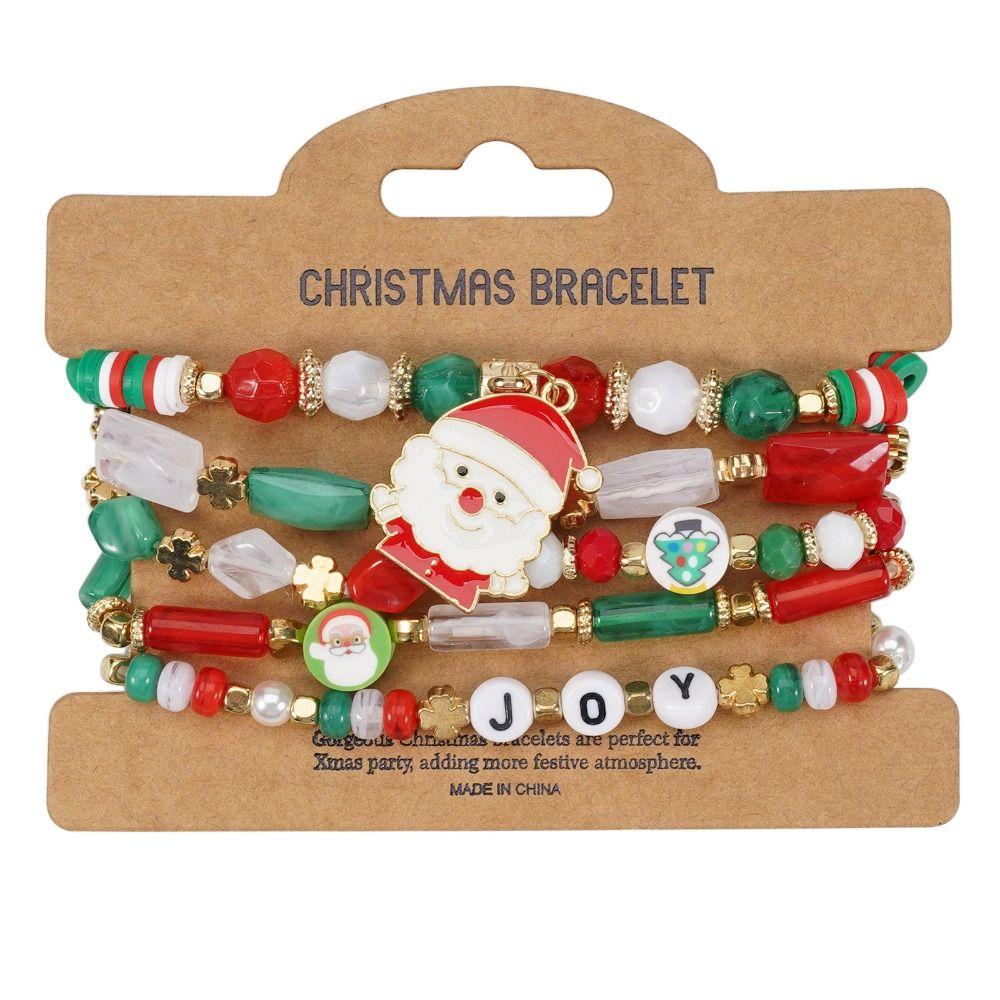 5Pcs Multi-Layer Stacking Christmas Bracelet Santa Claus Elastic Chain Beaded Bracelet Cute Snowman Rope Chain Bangle Gifts