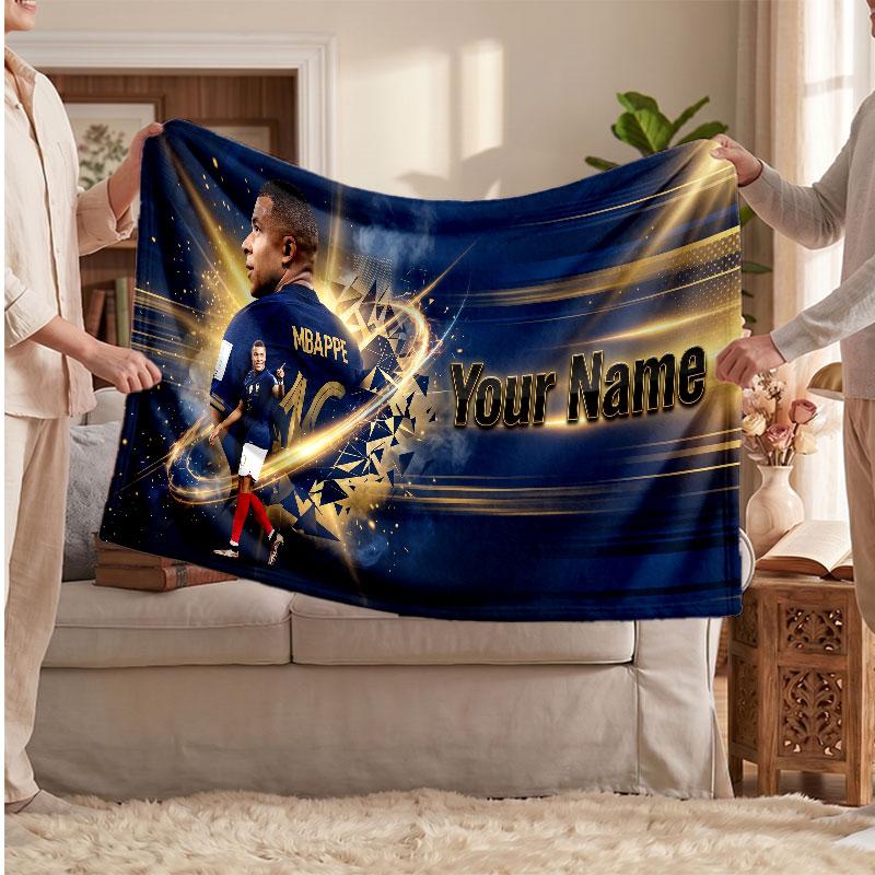 Kylian Mbappe Personalisierte Fleecedecke Mit Fußballlogo, Individueller Name Text Weich Warm Wohnzimmer Überwurfdecke
