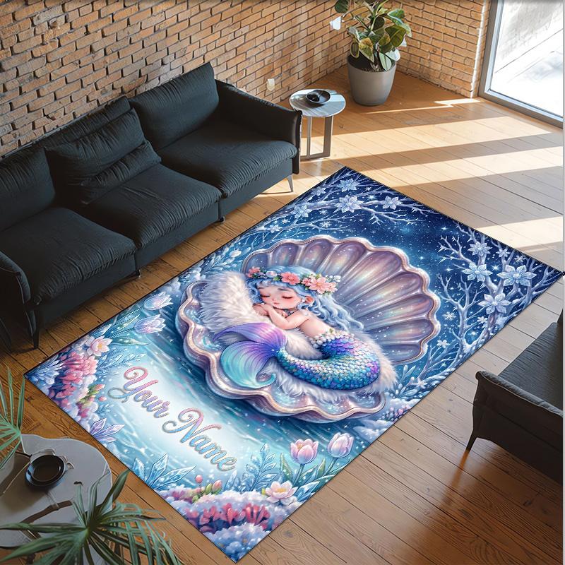 Mermaid Theme Crystal Velvet Floor Rug Personalized Custom Name Text Warm Carpet Home Decoration