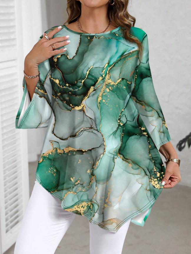 2025 New Fashion Marble Print Crew Neck Long Sleeve T-Shirt - Casual and Versatile