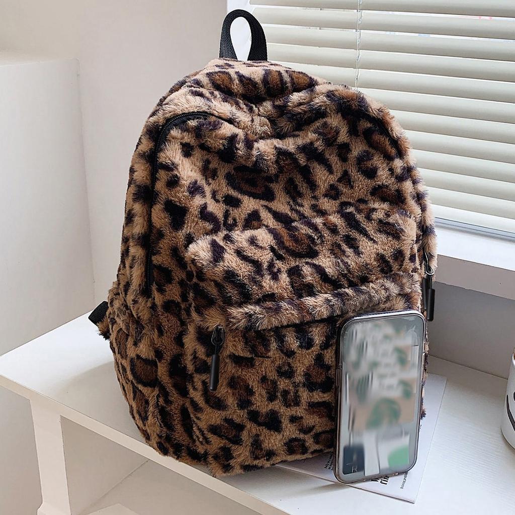 Luxury Brown Leopard Plush Women Backpack Large Capacity Multi Pocket Adjustable Straps For Commute
