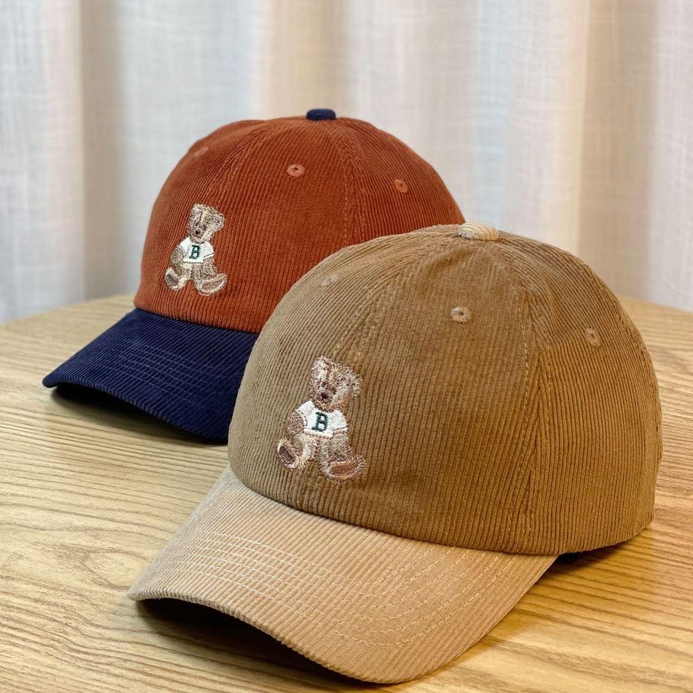 Casual Embroidered Bear Baseball Hat Breathable Corduroy Travel Sunshade Hat Wide Brim Adjustable Outdoor Sport Hat