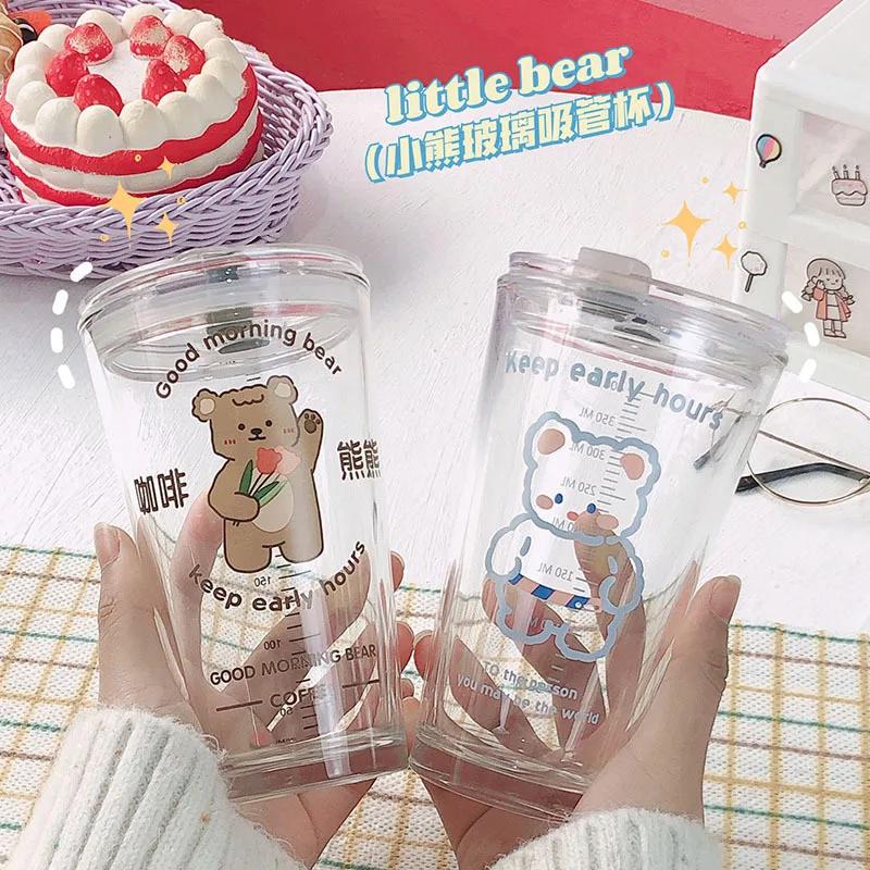 New 480ML Kawaii Glass Straw Cup with Cover Cartoon Water Cup Drinkware Juice Tea Coffee Milk Cup Glass Mugs Gift