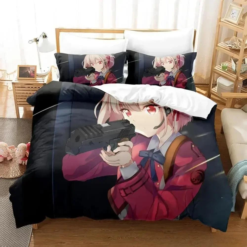 Lycoris Recoil Bettwäsche-Set, Einzel-, Zwillings-, Voll-, Queen- und King-Size-Bettset, Schlafzimmer für Erwachsene und Kinder, Bettbezug-Set, 3D-Anime-Bettlaken-Set