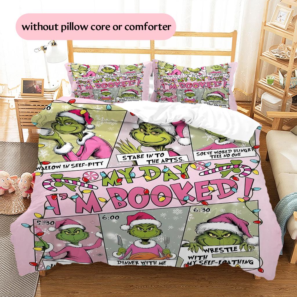 1PC Grinch Pattern Bedding Quilt Set Quilt Cover Pillowcase Home Decoration Birthday Gift (1 * Duvet Cover + 2 * Pillowcase, Without Core)