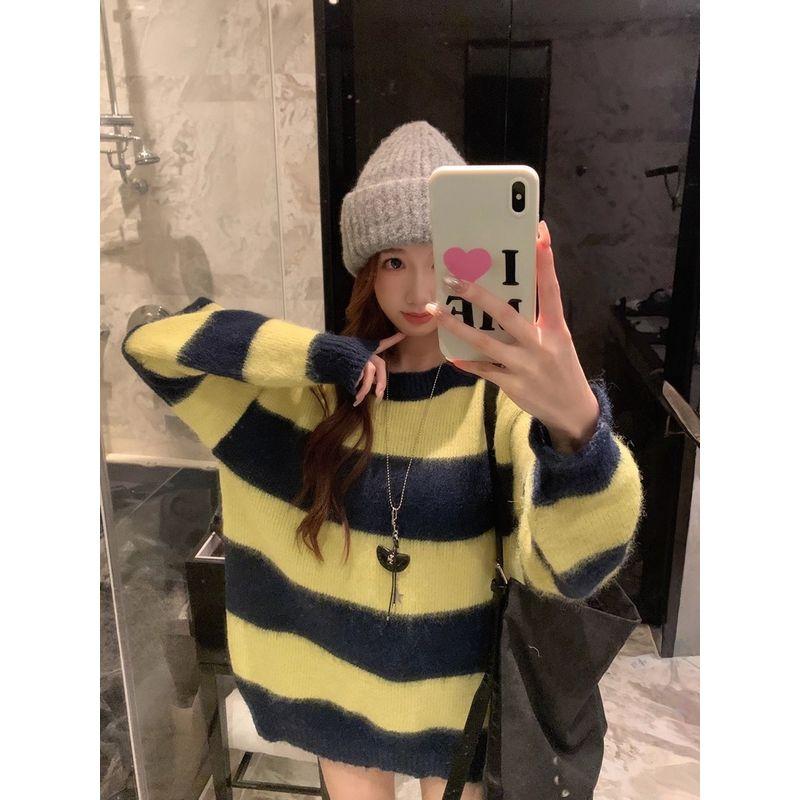 Kumikumi Idle Style Pink Brown Stripes Crew Neck Pullover Sweater Women Autumn Chic Versatile Loose Top