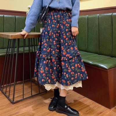 Spring Vintage Lace Trim Floral Midi Skirt for Women - High-Waist A-Line Full Flared Drape Half Skirt