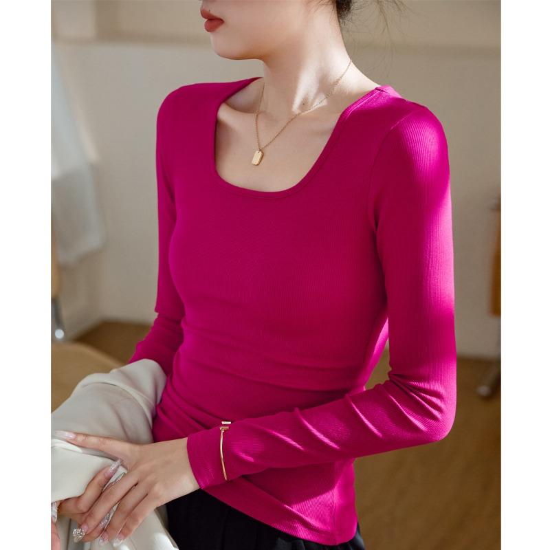 Women Square Neck Long Sleeve Slim Fitted Solid Color T Shirt Casual Basic Top