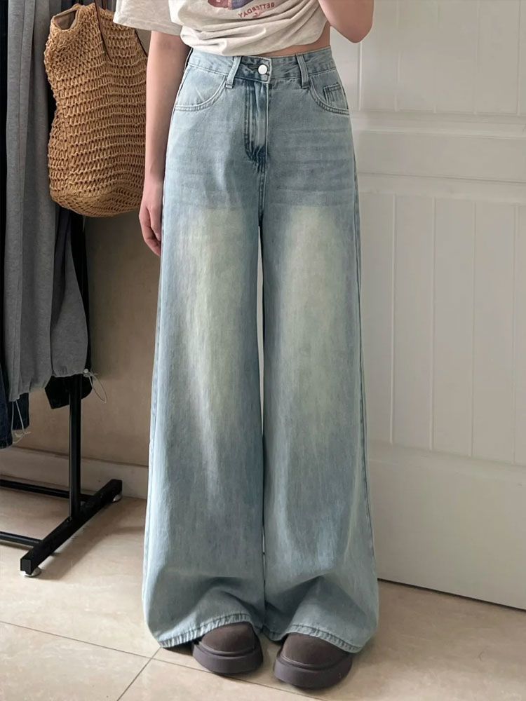 

Удобные джинсы широкого кроя Женские тонкие драпированные с высокой талией Большого размера Свободные Тонкие Прямые Длинные джинсы для женщин Длинные джинсовые брюки M