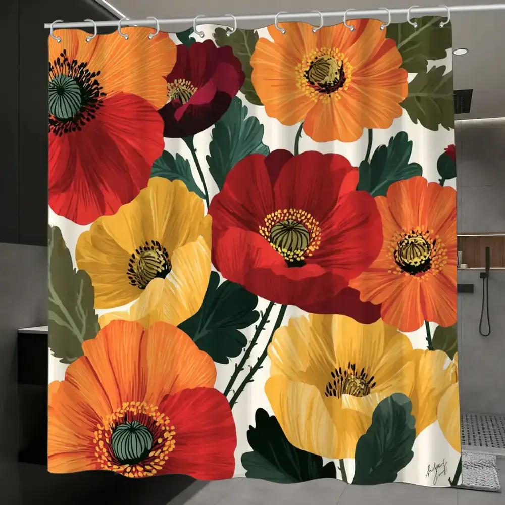 

Bold Poppy Floral Shower Curtain – Red/Orange/Yellow Designer Print, 12 Hooks, 70.87X70.87 Anniversary Decor W60H190(CM)-1 Pcs